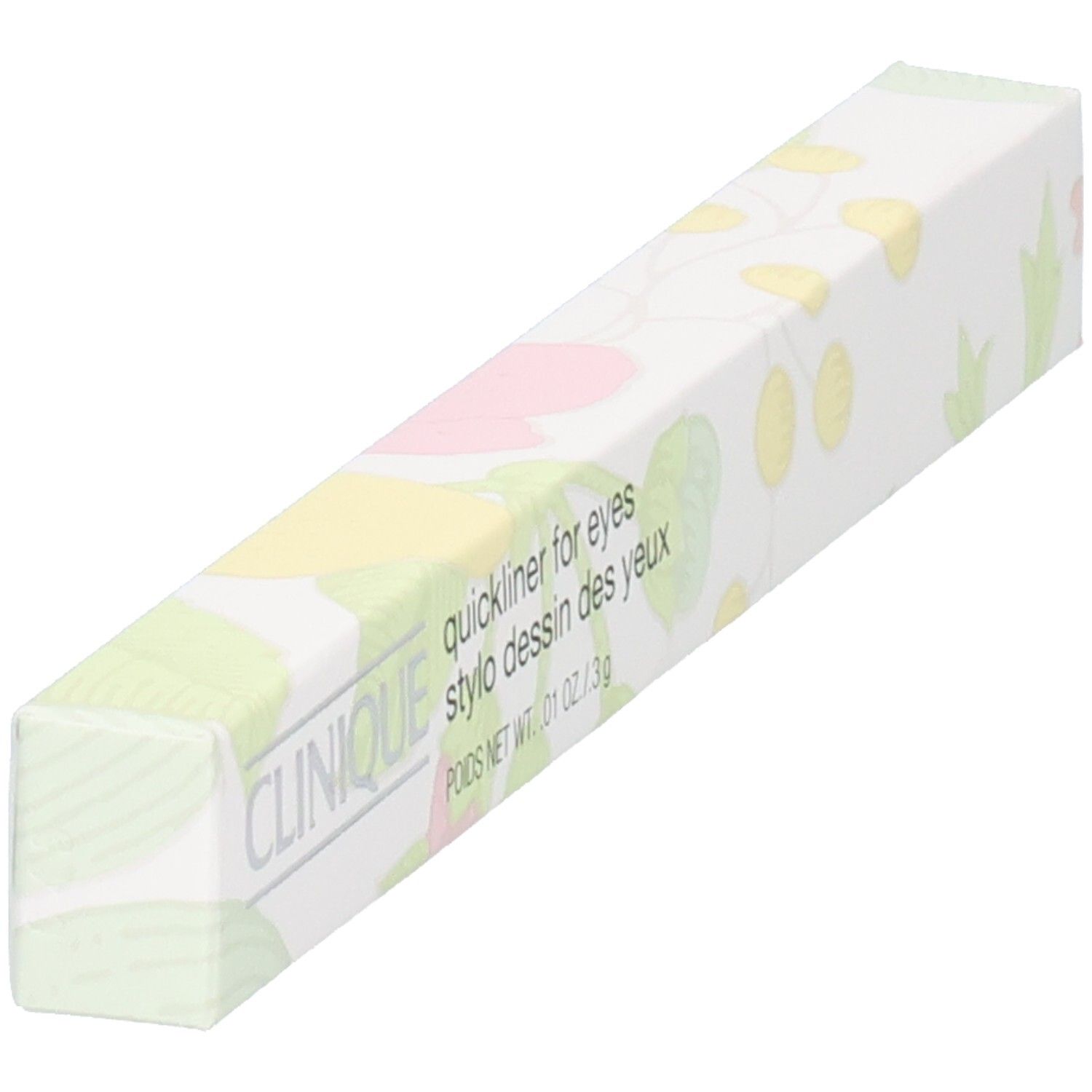 Clinique Quickliner for Eyes Eyelinerstift-Verpackung, schwarz, schräg von vorne.