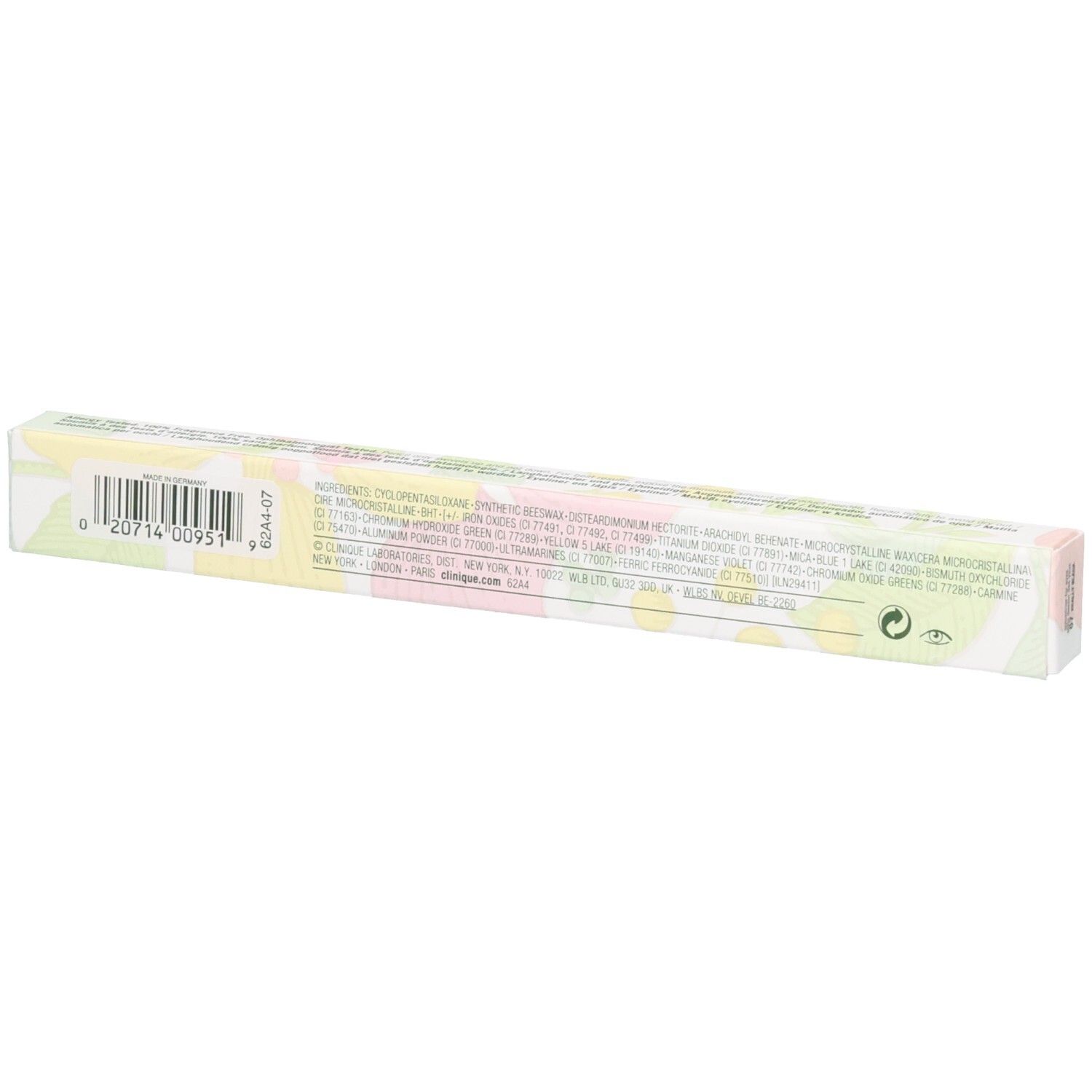 Rückseite der Clinique Quickliner for Eyes Eyelinerstift-Verpackung mit Inhaltsstoffen.