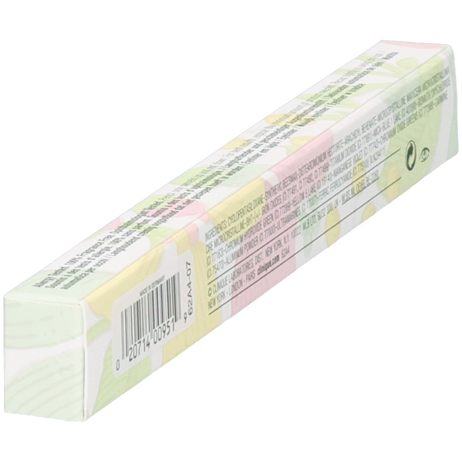 Seite der Clinique Quickliner for Eyes Eyelinerstift-Verpackung mit Barcode und Inhaltsstoffen.