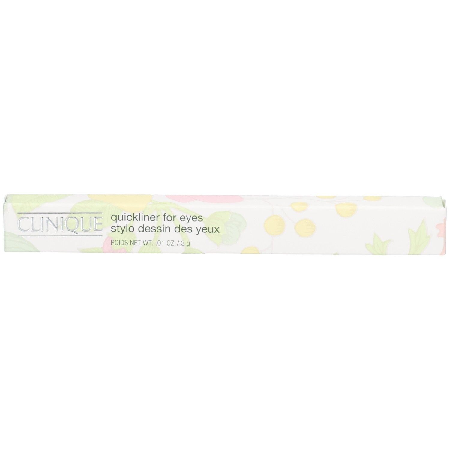 Clinique Quickliner for Eyes Eyelinerstift-Verpackung, schwarz, mit floralem Muster.