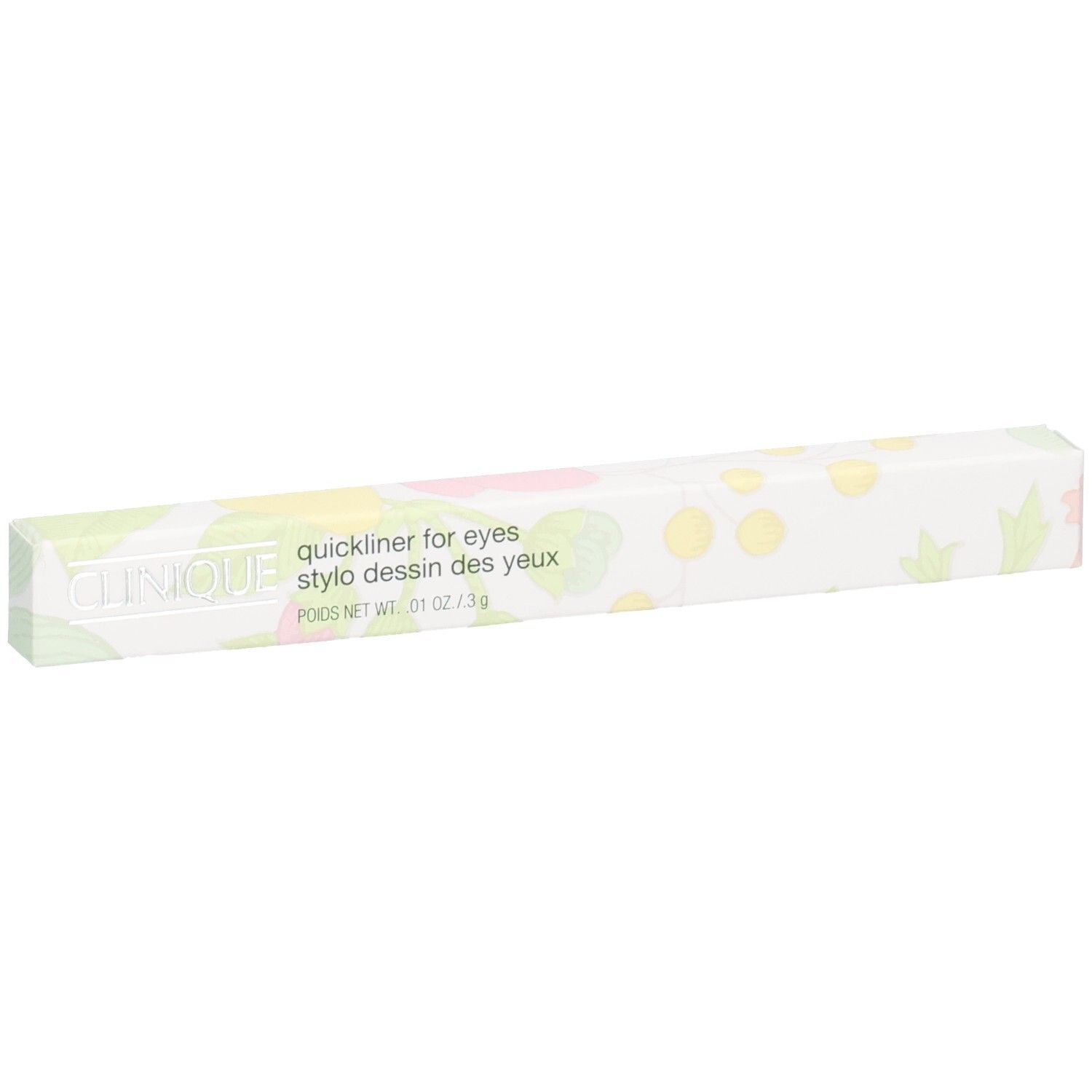 Clinique Quickliner for Eyes Eyelinerstift-Verpackung, schwarz, mit floralem Muster.