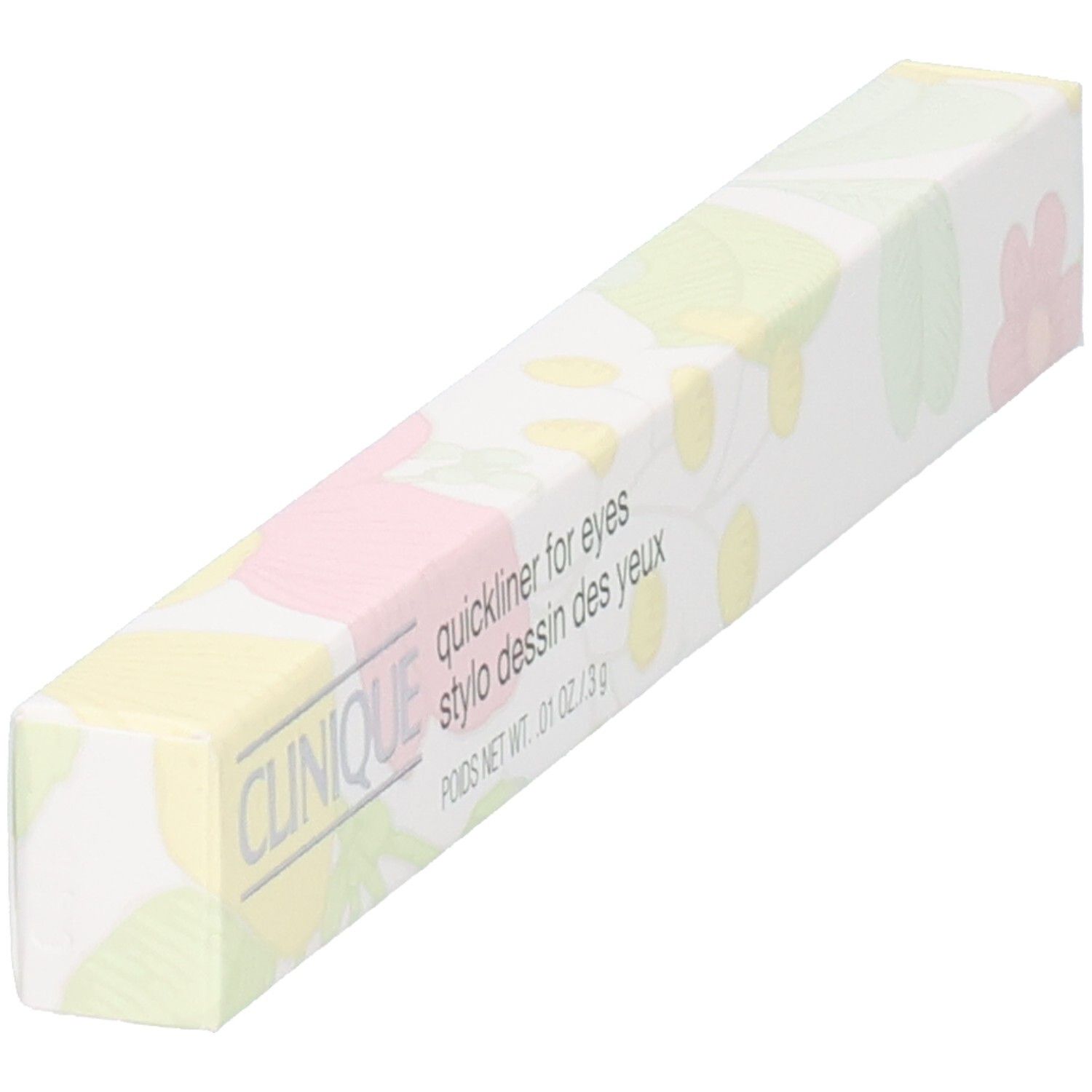 Clinique Quickliner for Eyes Stiftverpackung, floral bedruckt, schräg.