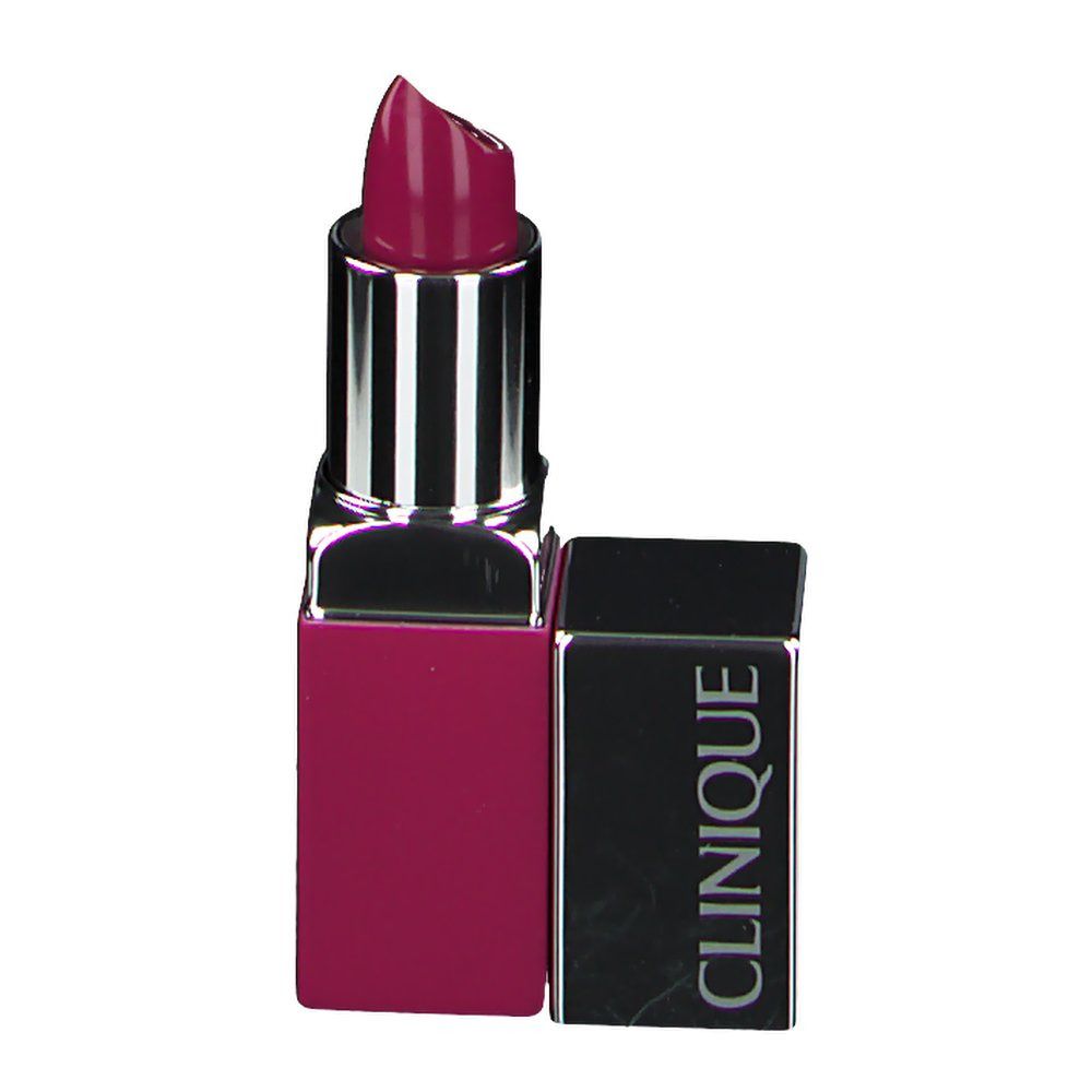 Magenta lippenstift. Zilverkleurige metalen behuizing, vierkante vorm. Dop met "CLINIQUE" tekst.