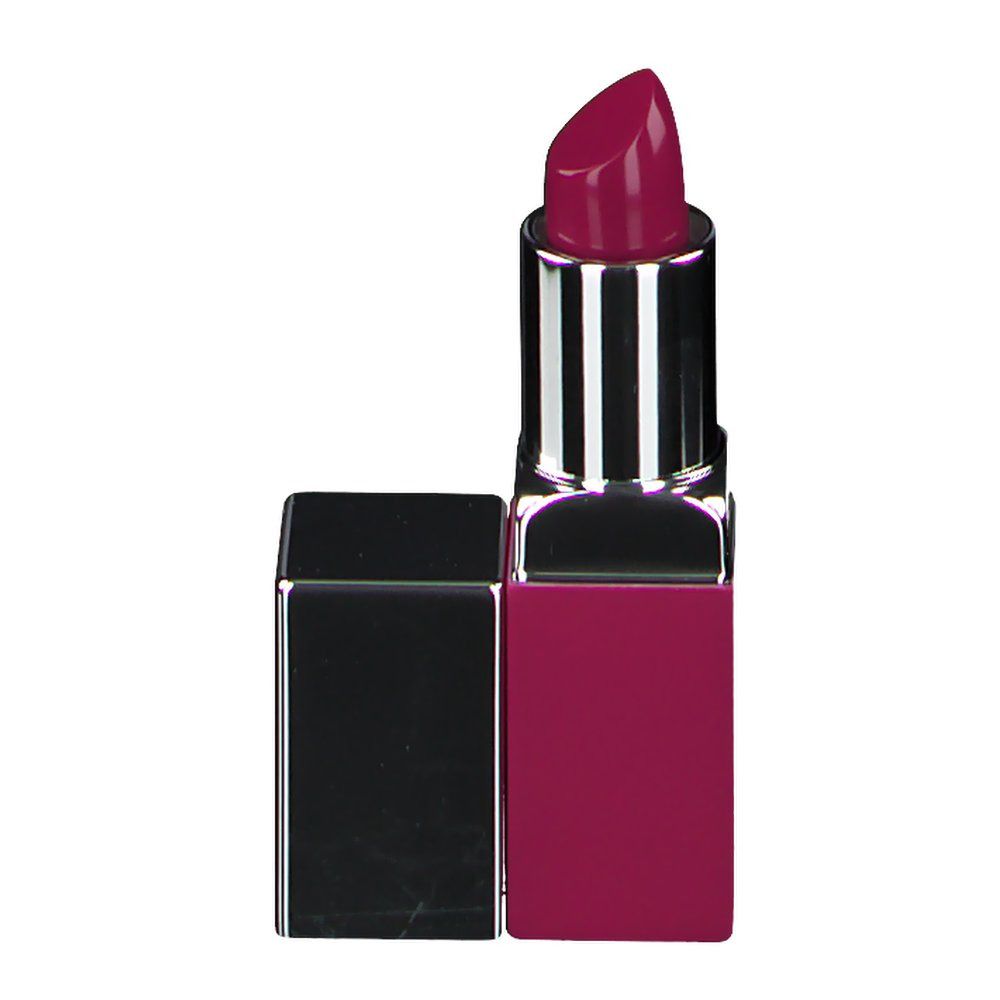 Magenta lippenstift. Zilverkleurige metalen behuizing, vierkante vorm. Dop ernaast.