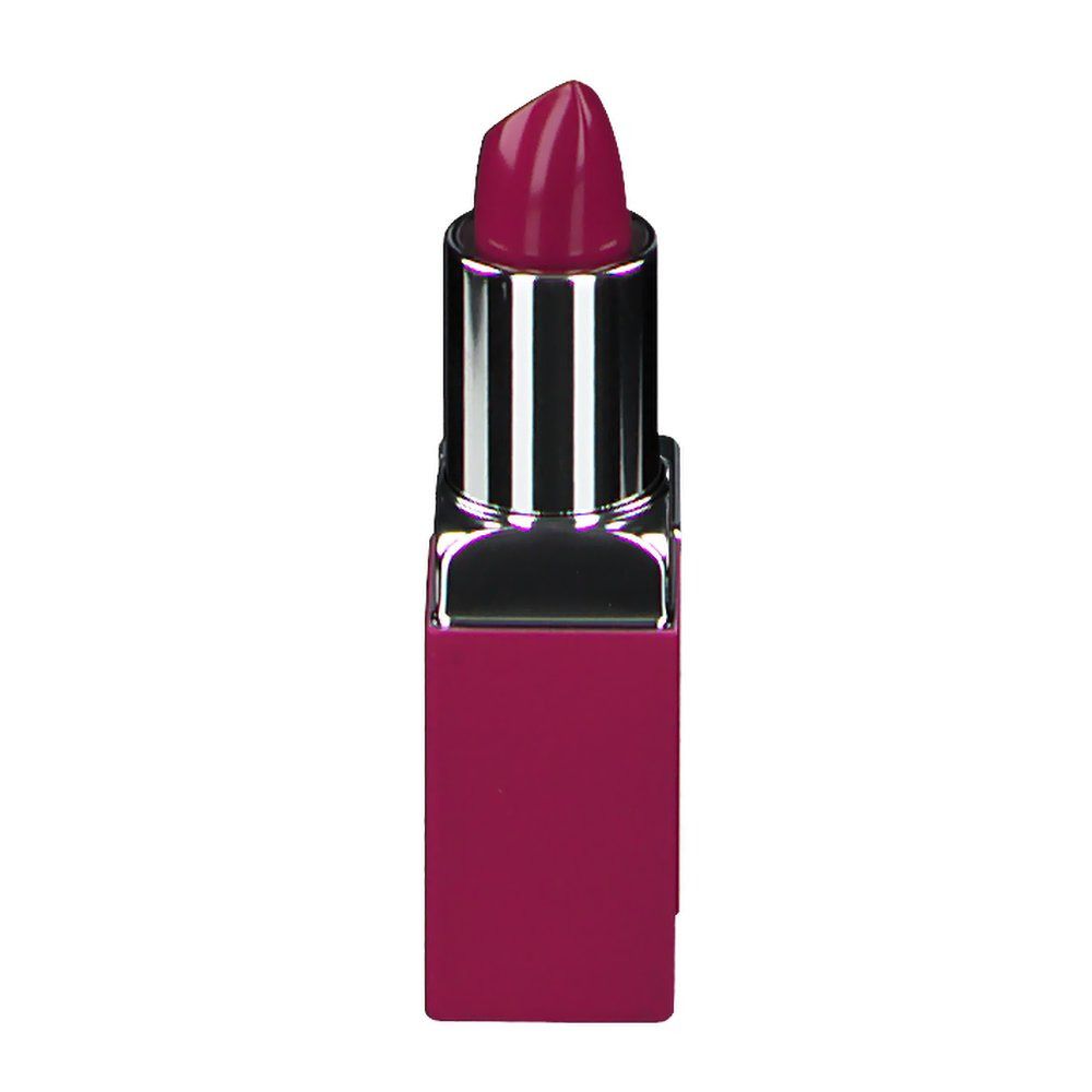 Magenta lippenstift. Zilverkleurige metalen behuizing, vierkante vorm. Geopend.