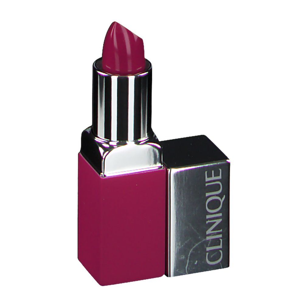 Magenta lippenstift. Zilverkleurige metalen behuizing, vierkante vorm. Dop met "CLINIQUE" tekst.