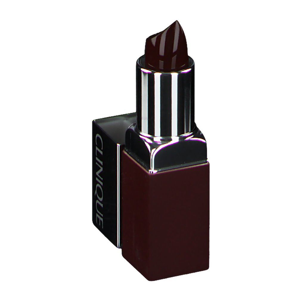 Dunkelroter Lippenstift mit geöffneter Kappe. Silberne Hülse mit quadratischer Form. "CLINIQUE" steht auf der Seite.