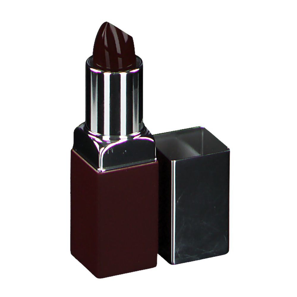 Dunkelroter Lippenstift mit geöffneter Kappe. Silberne Hülse mit quadratischer Form. Kappe liegt daneben.