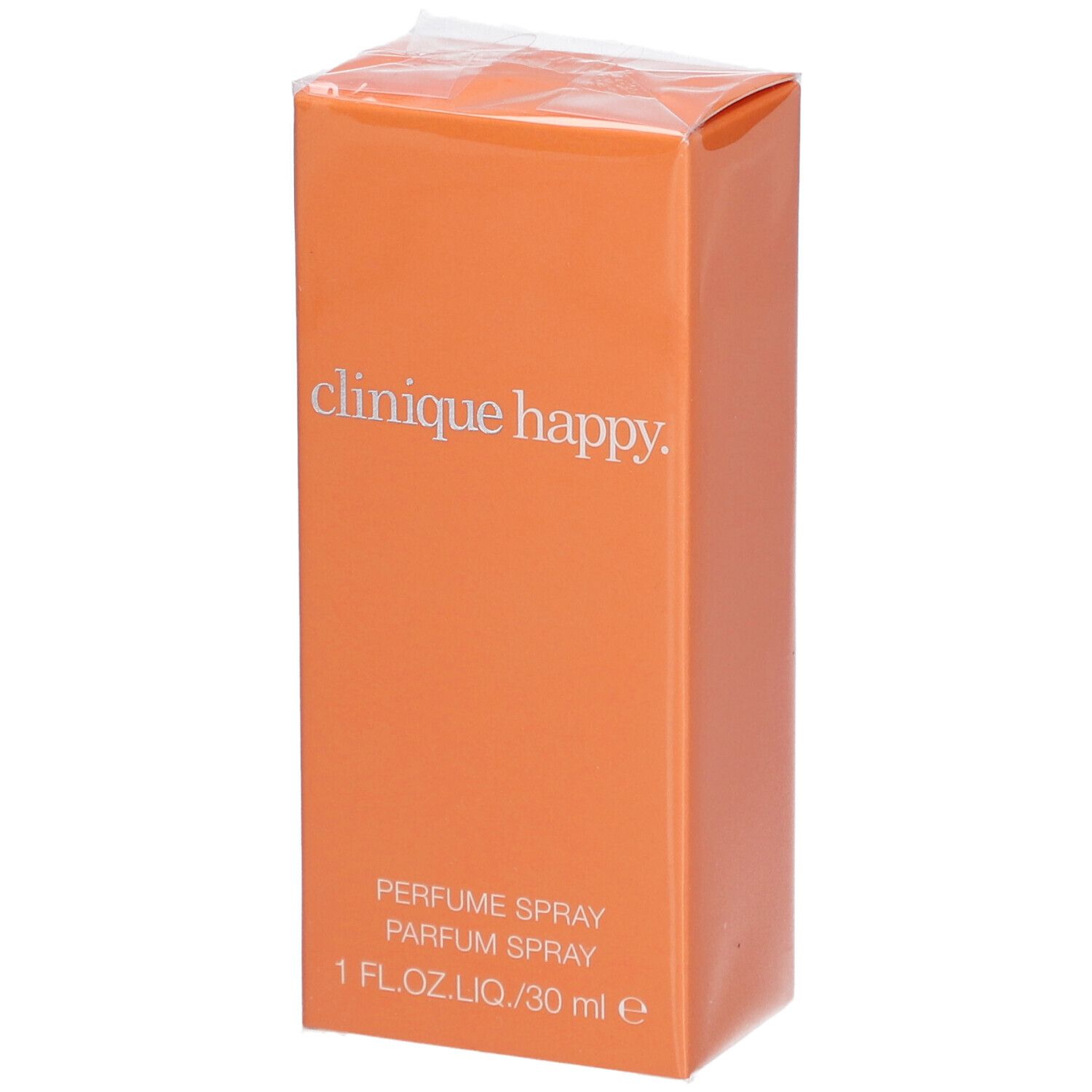 Orangefarbene Verpackung von Clinique Happy Eau de Parfum Spray. Aufschrift: Clinique Happy, Parfum Spray, 1 FL.OZ.LIQ./30 ml e.