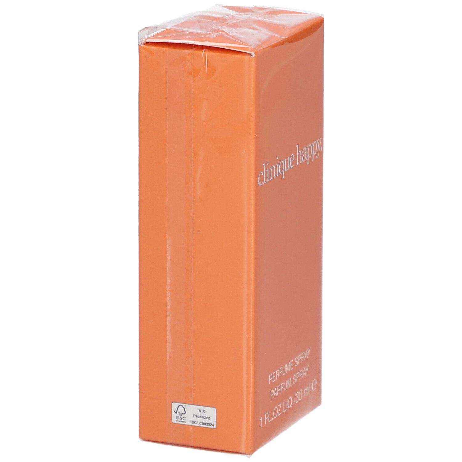 Orangefarbene Verpackung von Clinique Happy Eau de Parfum Spray. Aufschrift: Clinique Happy, Parfum Spray, 1 FL.OZ.LIQ./30 ml e.