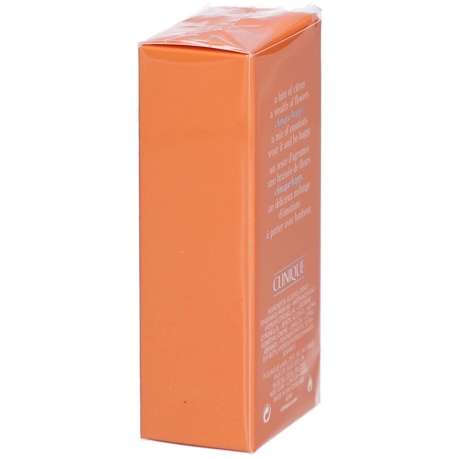 Orangefarbene Verpackung von Clinique Happy Eau de Parfum Spray. Text mit Inhaltsstoffen und Herstellerinformationen.