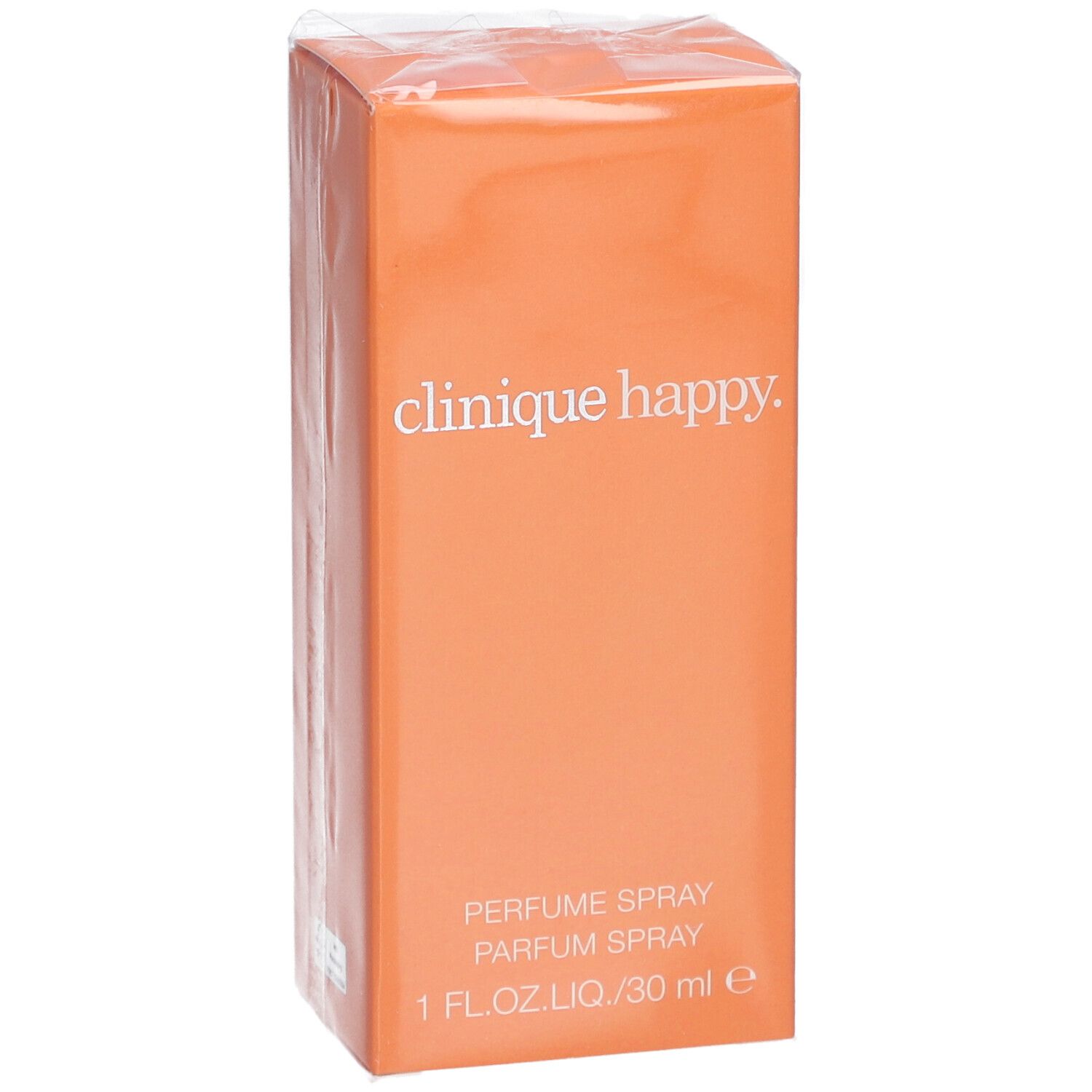 Orangefarbene Verpackung von Clinique Happy Eau de Parfum Spray. Aufschrift: Clinique Happy, Parfum Spray, 1 FL.OZ.LIQ./30 ml e.