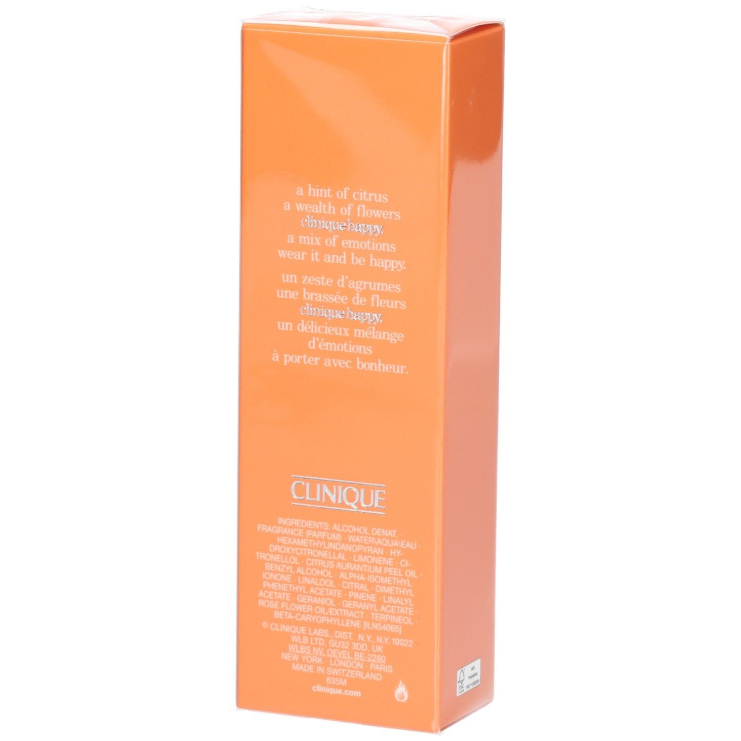 Orangefarbene Verpackung mit Text. Inhaltsstoffe und Beschreibung. Marke: Clinique.