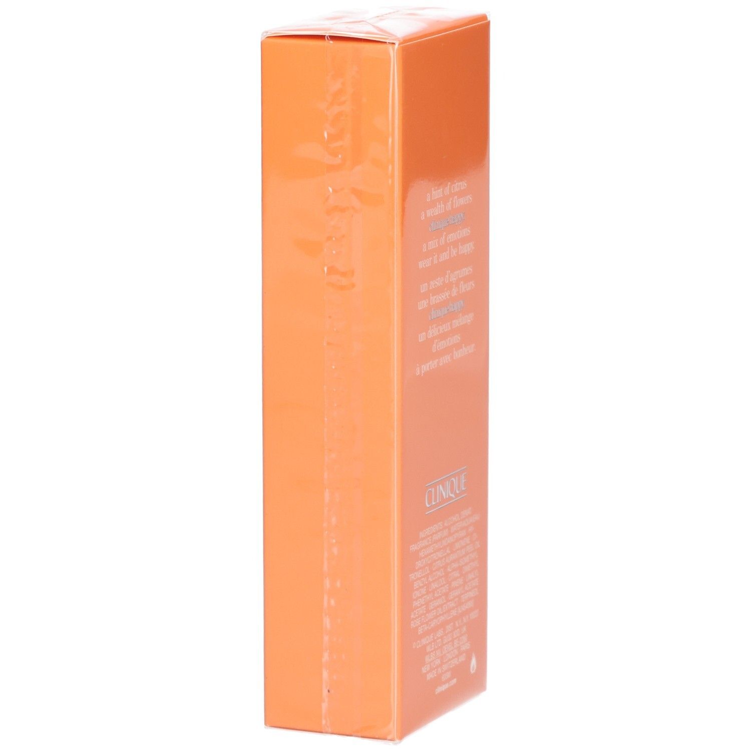 Orangefarbene Verpackung mit Text. Inhaltsstoffe und Beschreibung. Marke: Clinique.