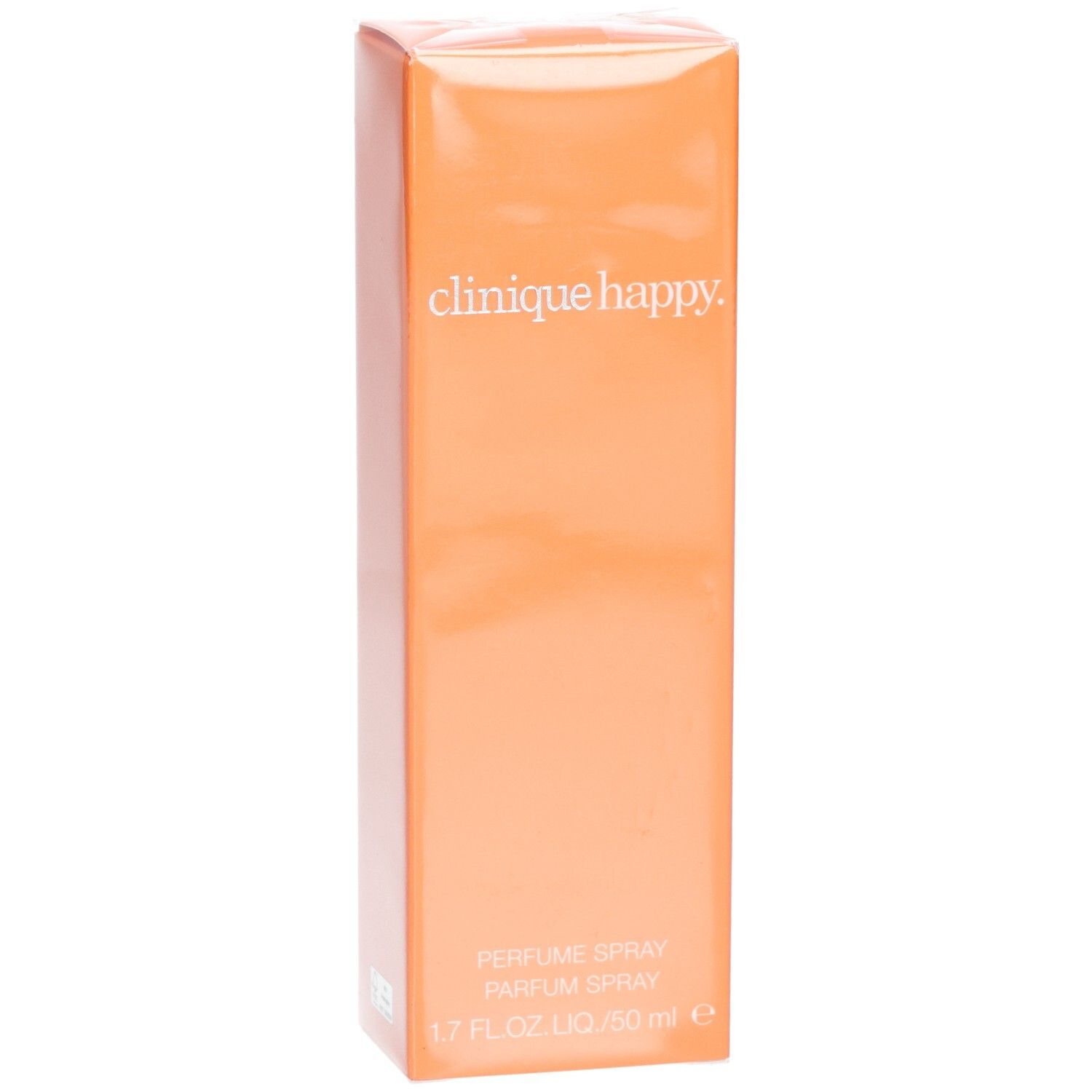 Orangefarbene Verpackung mit Schriftzug "clinique happy". Text: Parfum Spray, 1.7 fl.oz. LIQ./50 ml e.