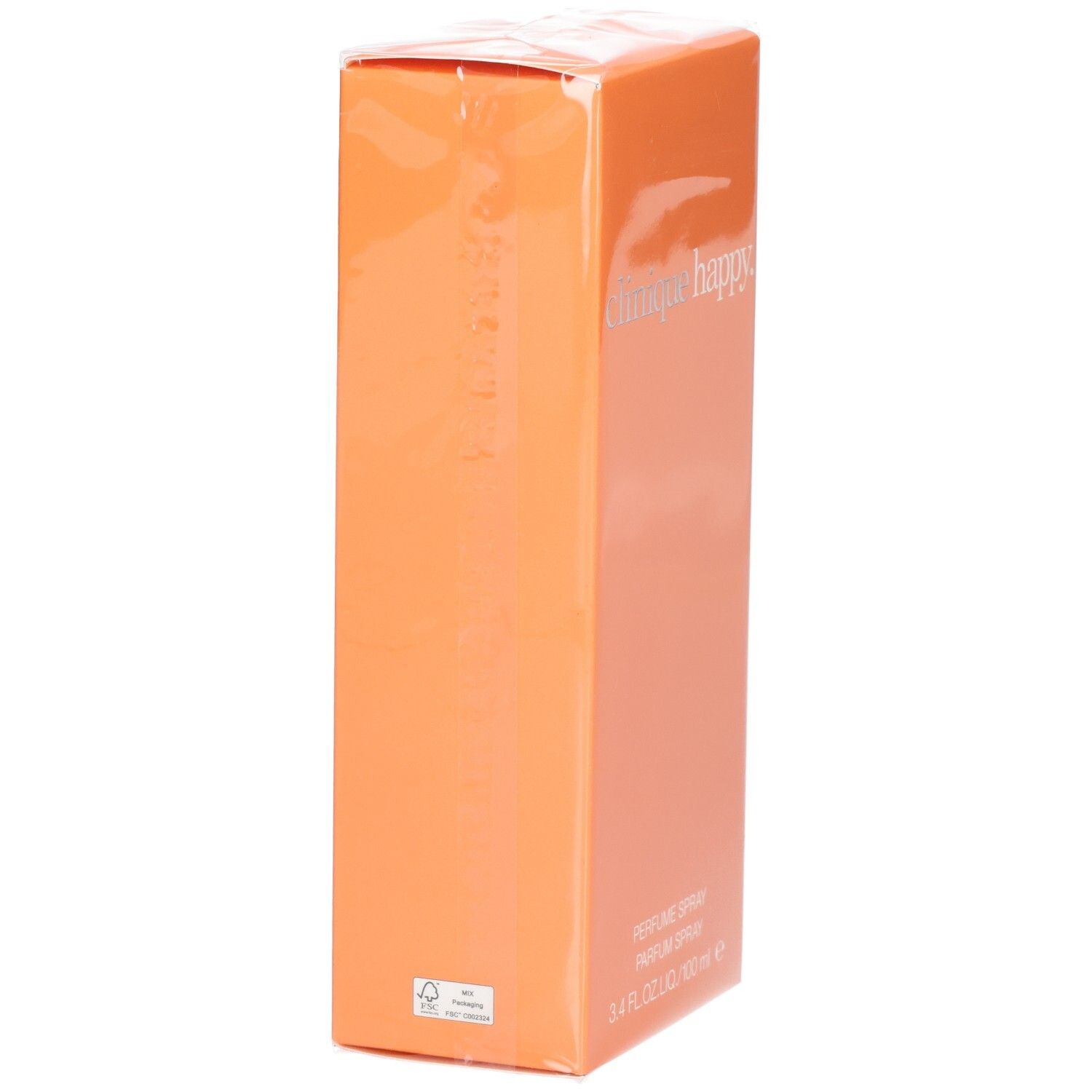 Orangefarbene Verpackung, seitliche Ansicht. Verpackt in durchsichtiger Folie.