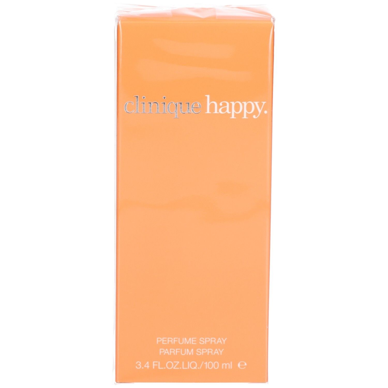 Orangefarbene Verpackung mit silbernem Schriftzug "clinique happy". Unten "PERFUME SPRAY".