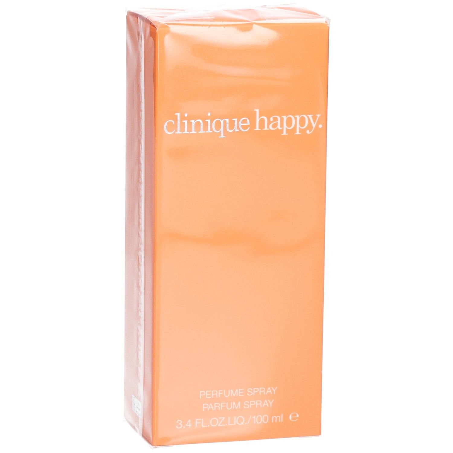Orangefarbene Verpackung mit silbernem Schriftzug "clinique happy". Verpackt in Folie.