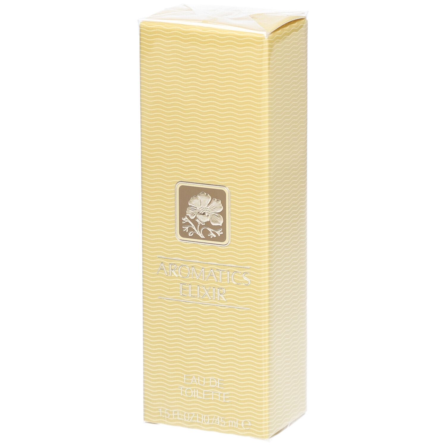 Gelbe rechteckige Schachtel mit Wellenmuster. Aufschrift: Aromatics Elixir Eau de Toilette. Logo mit Blume.