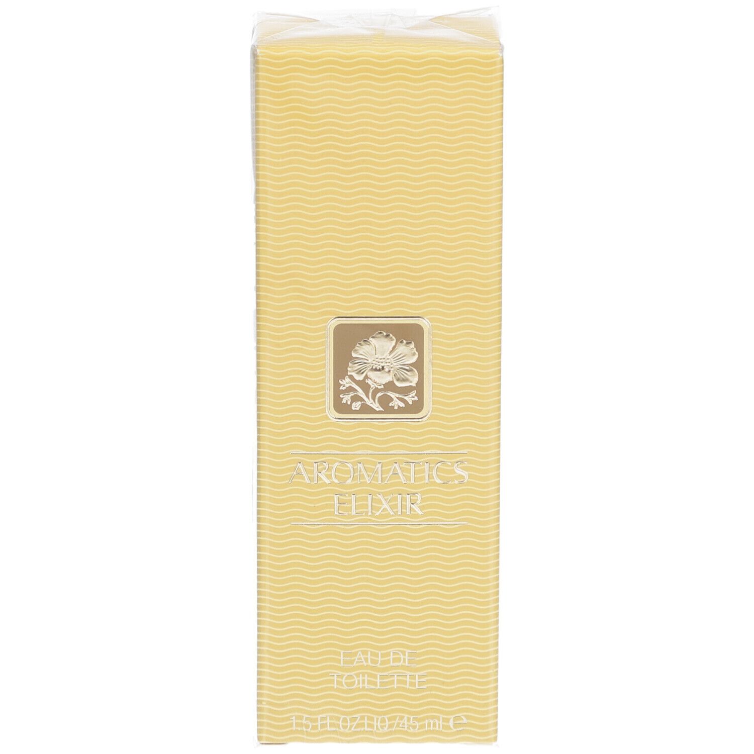 Gelbe rechteckige Schachtel mit Wellenmuster. Aufschrift: Aromatics Elixir Eau de Toilette. Logo mit Blume.