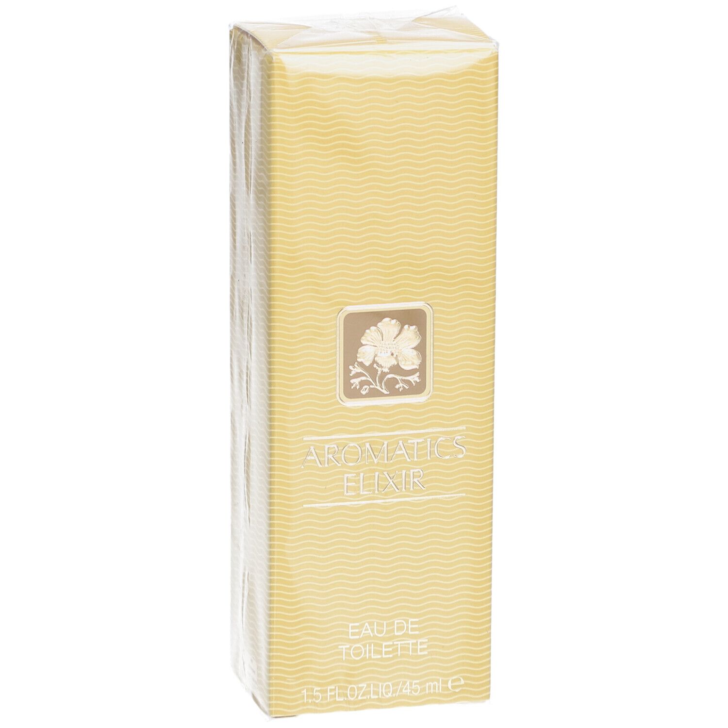 Gelbe rechteckige Schachtel mit Wellenmuster, in Folie verpackt. Aufschrift: Aromatics Elixir Eau de Toilette. Logo.