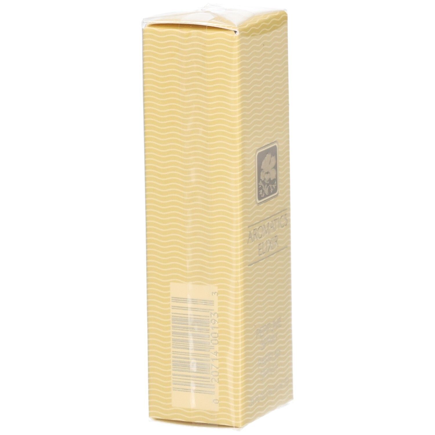 Rückseite der Verpackung für Clinique Aromatics Elixir Parfum Spray mit Barcode und Wellenmuster.