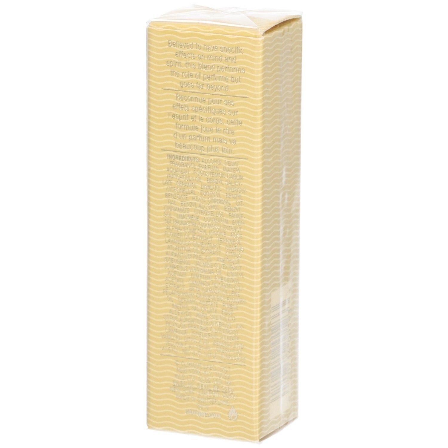 Seite der Verpackung für Clinique Aromatics Elixir Parfum Spray mit Inhaltsstoffen und Wellenmuster.