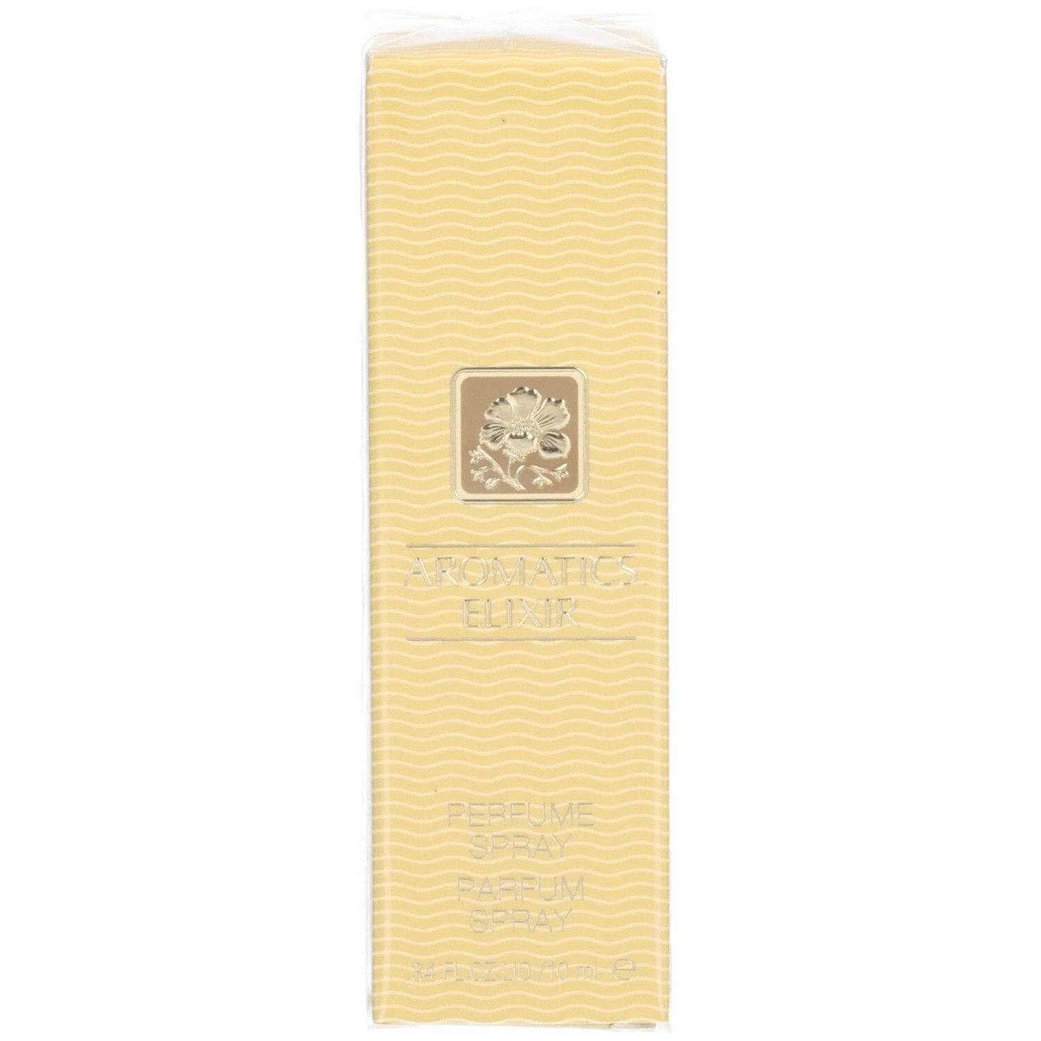 Verpackung für Clinique Aromatics Elixir Parfum Spray, Vorderseite mit Wellenmuster und Emblem.