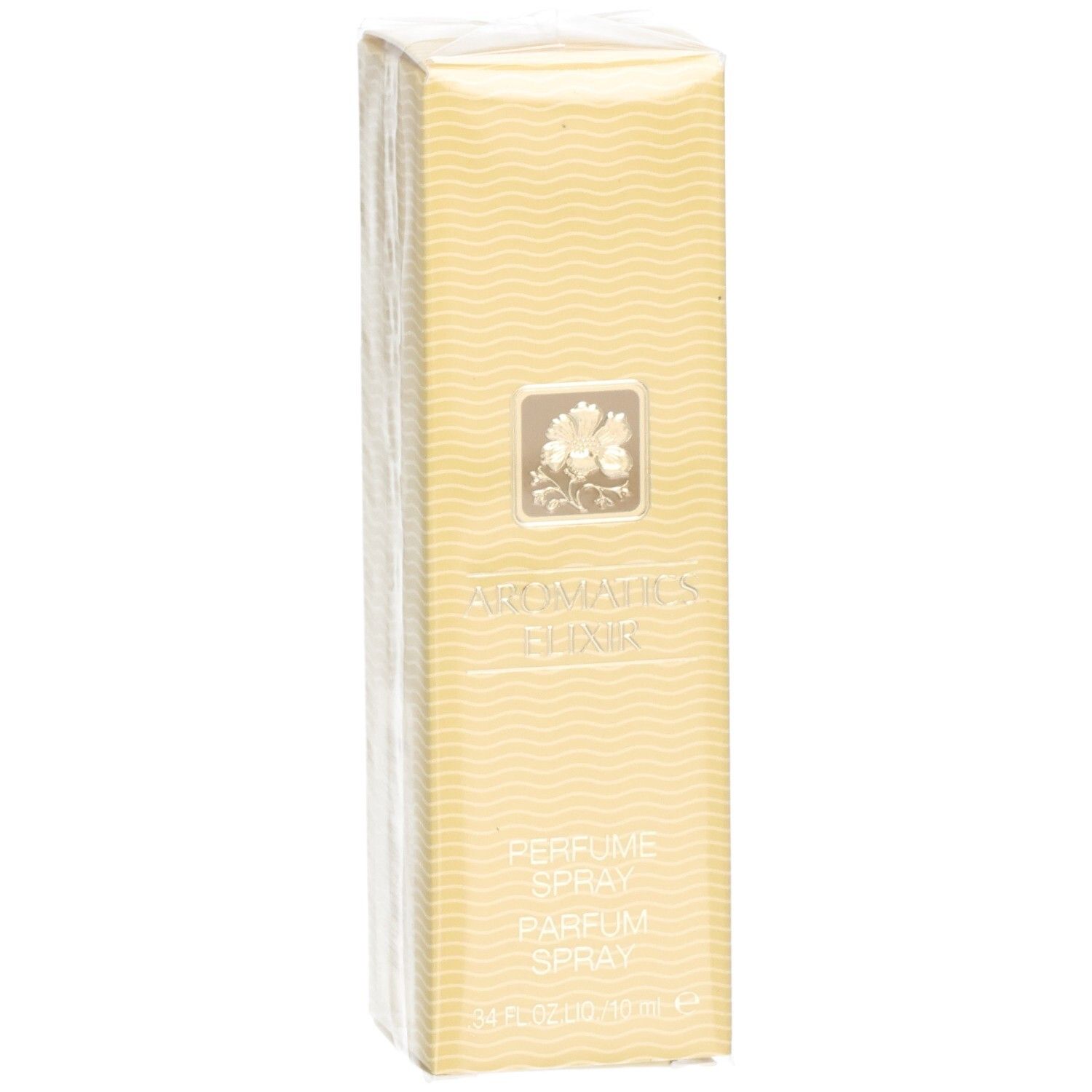 Verpackung für Clinique Aromatics Elixir Parfum Spray, leicht geöffnet, mit Wellenmuster.