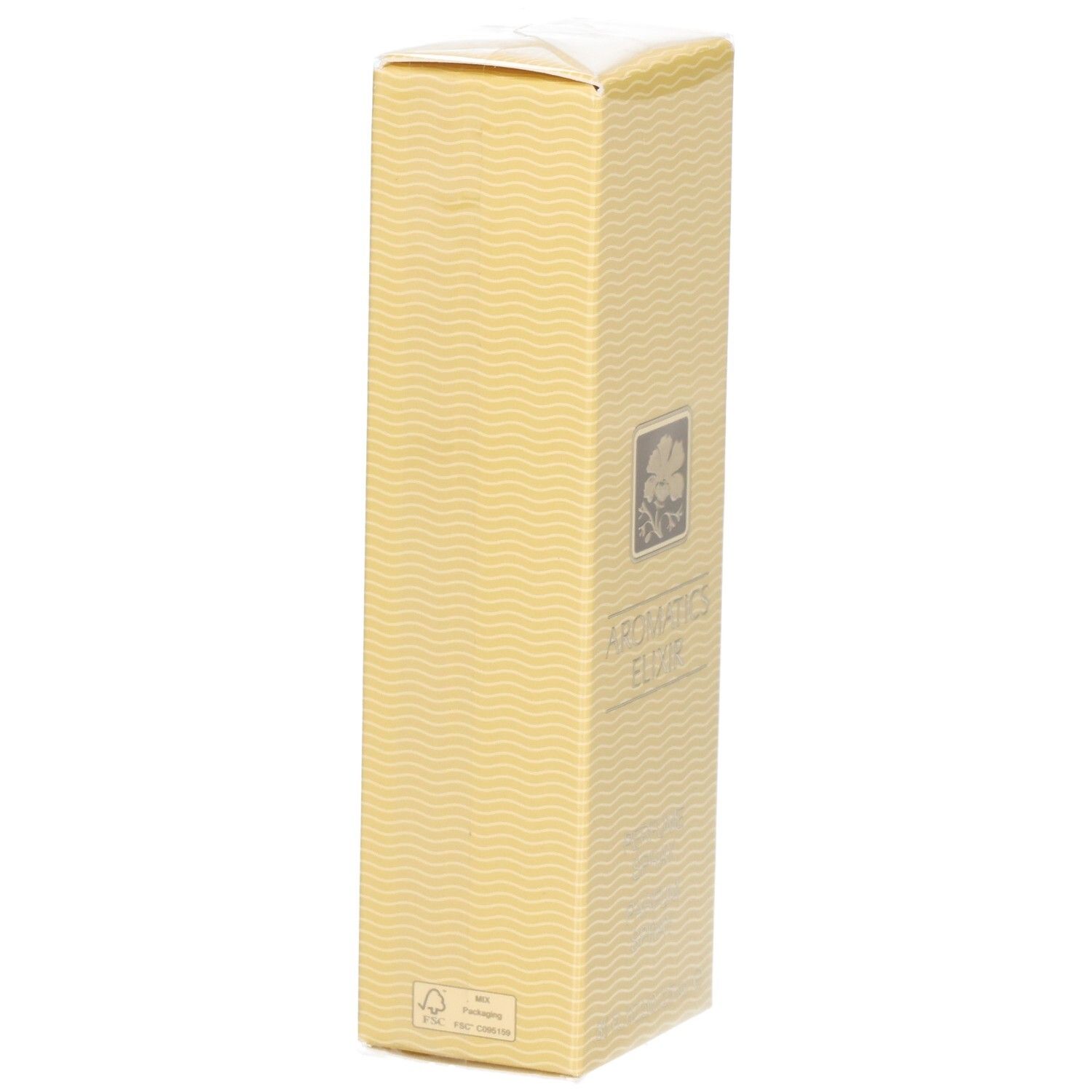 Aromatics Elixir Parfum Spray Umverpackung mit Wellenmuster, floralem Emblem und FSC-Logo.