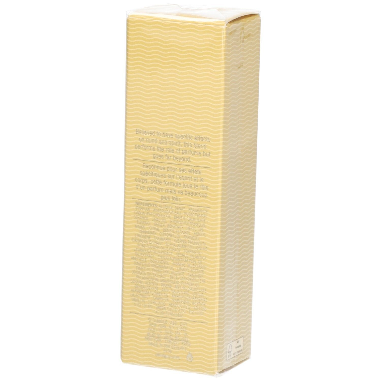 Rückseite der Aromatics Elixir Parfum Spray Umverpackung mit Produktinformationen und Wellenmuster.