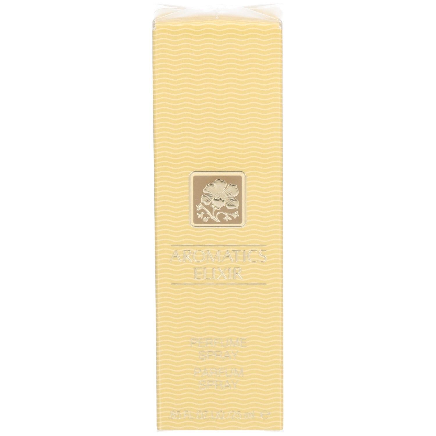 Vorderseite der Aromatics Elixir Parfum Spray Umverpackung mit floralem Emblem und Wellenmuster.
