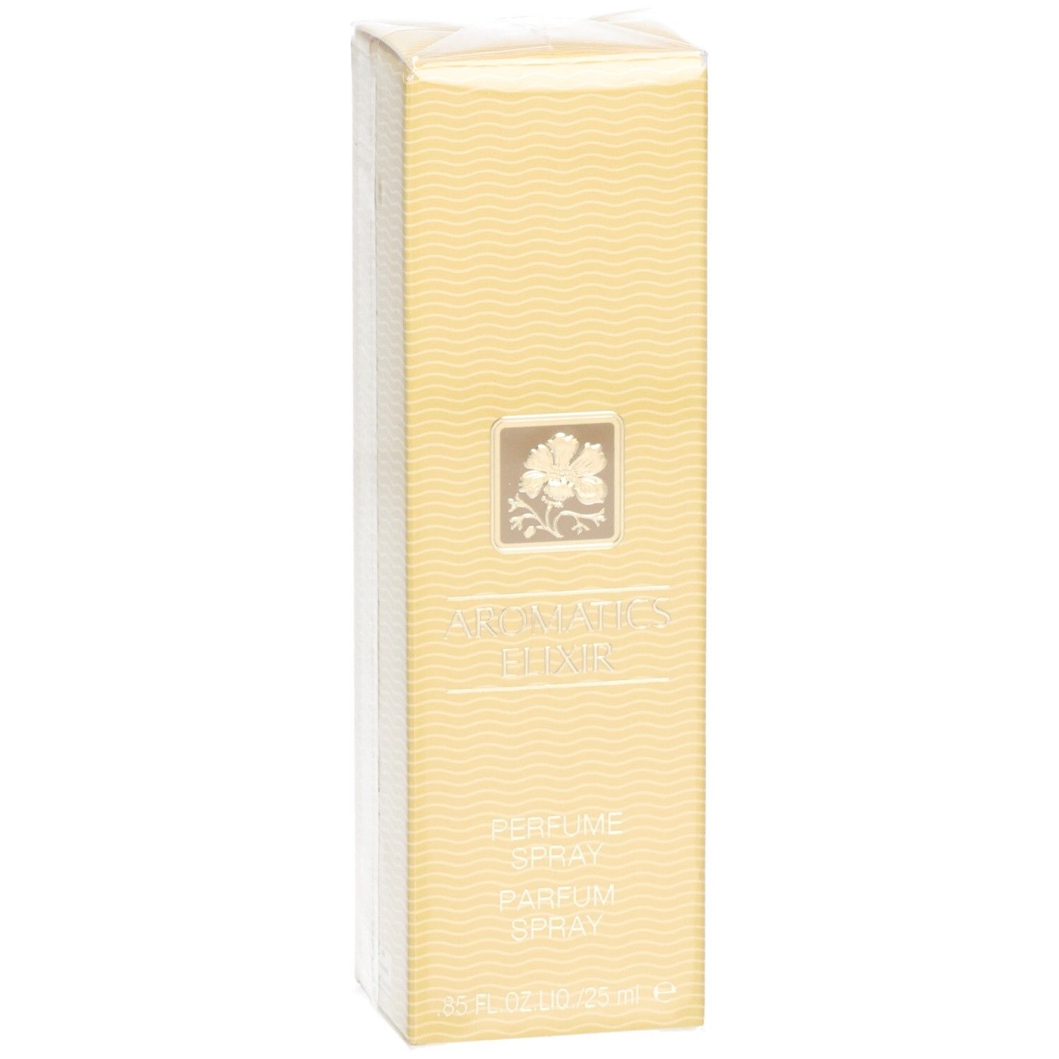 Aromatics Elixir Parfum Spray Umverpackung mit Wellenmuster, floralem Emblem und Text.