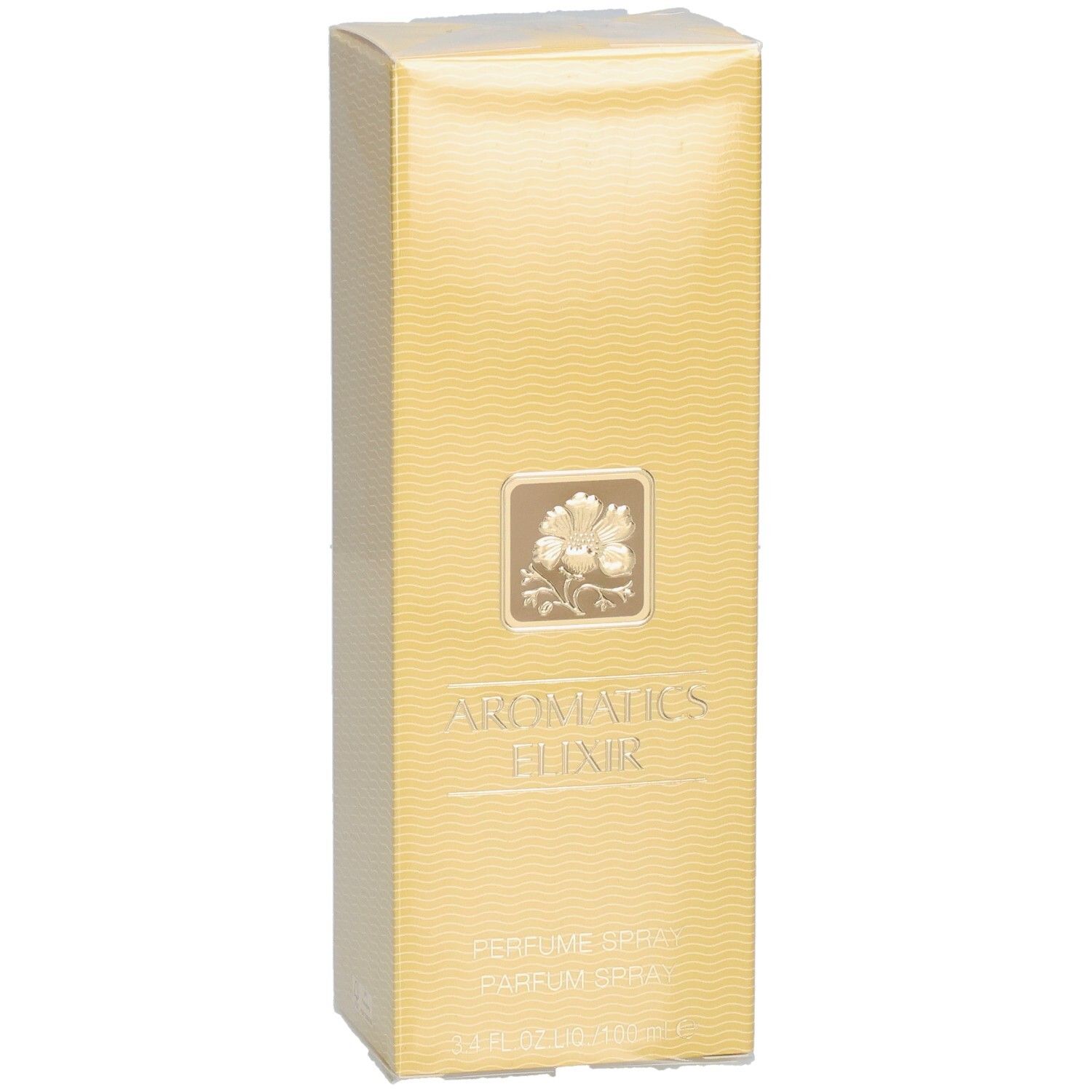 Clinique Aromatics Elixir Parfum Spray 100 ml, goldene Verpackung.