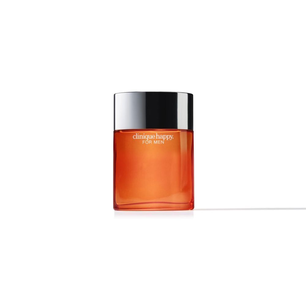 Clinique Happy For Men Cologne Spray. Orangefarbener Flakon mit silbernem Deckel. Text: Clinique Happy For Men.