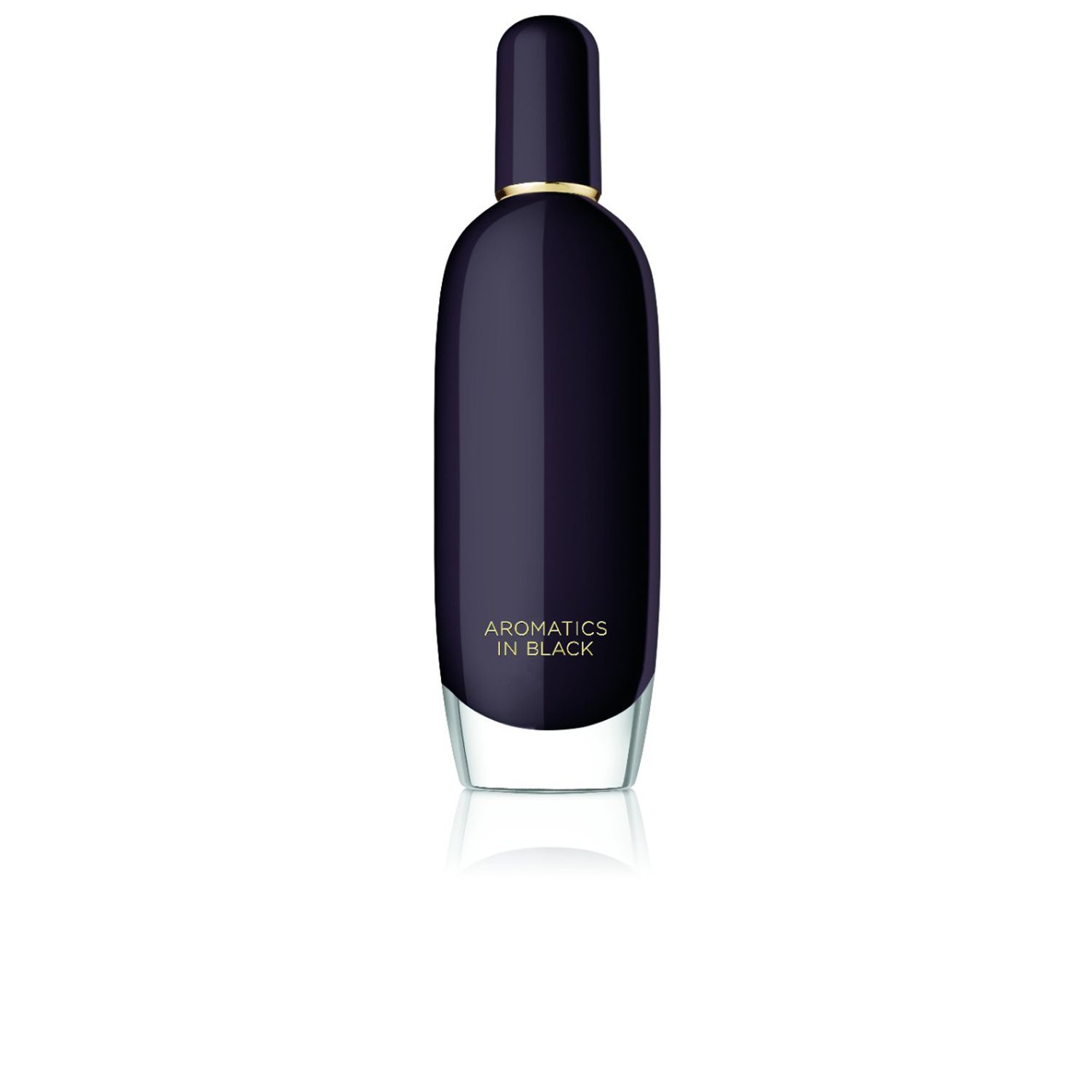 Donkerblauwe fles met zwarte dop. Opschrift: AROMATICS IN BLACK. Gouden accent op de hals.