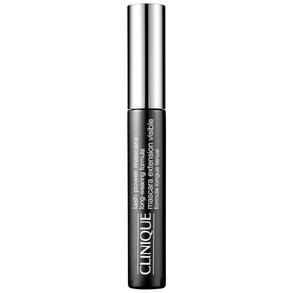 Clinique Lash Power Mascara, schwarzer Behälter mit silbernem Deckel und Bürste.
