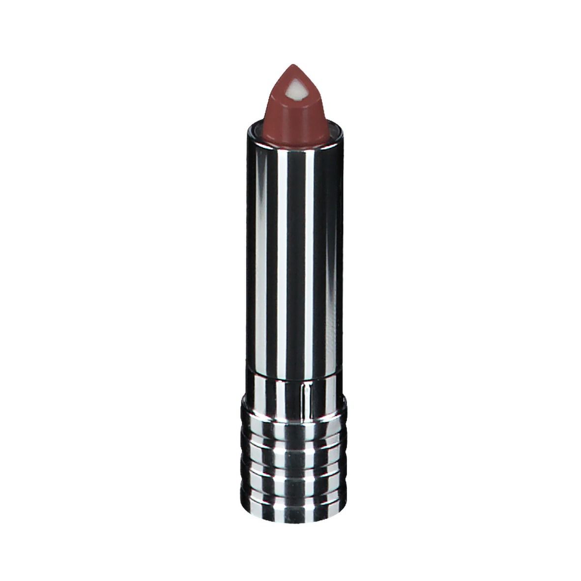 Lippenstift mit silberfarbener Hülse. Die Lippenstiftspitze ist braun. 