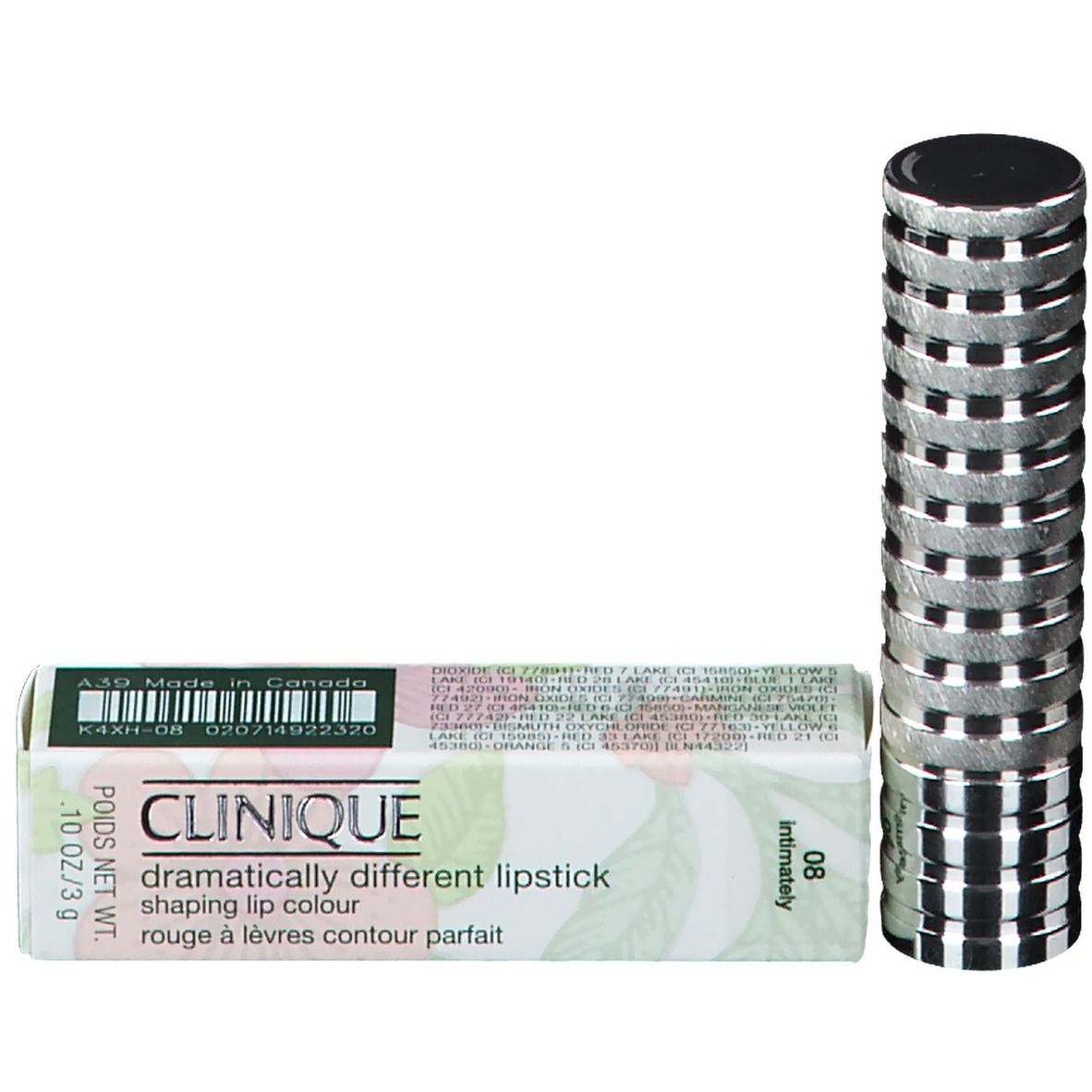 Verpackung mit Lippenstift und Deckel. Aufschrift: CLINIQUE Dramatically Different Lipstick. Farbe 08 Intimately.