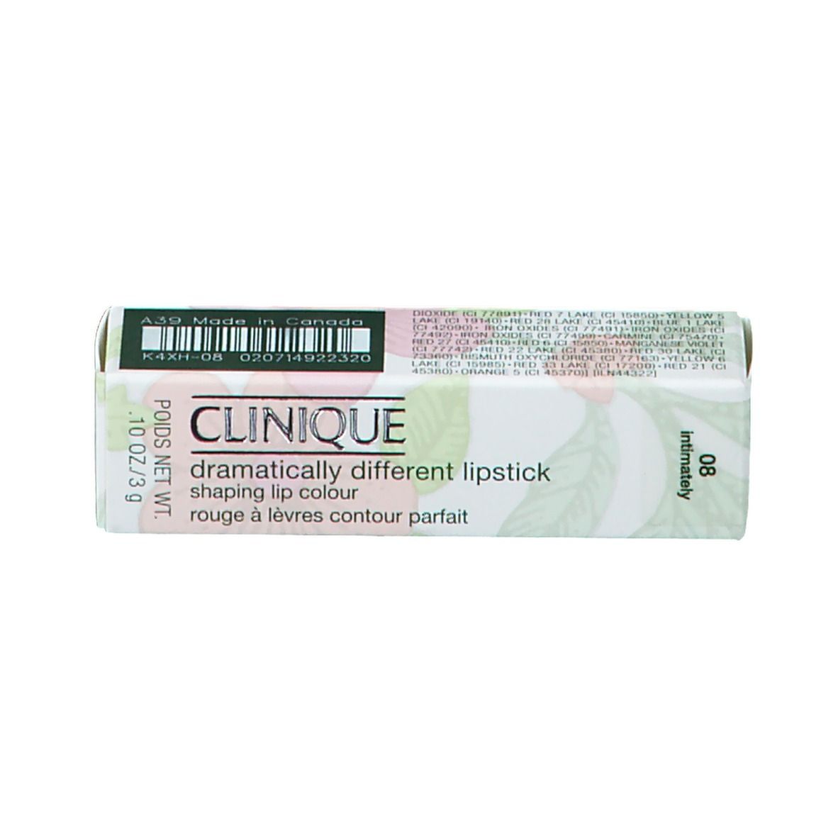 Verpackung von CLINIQUE Dramatically Different Lipstick. Farbe 08 Intimately. Aufschrift: Rouge à lèvres contour parfait.