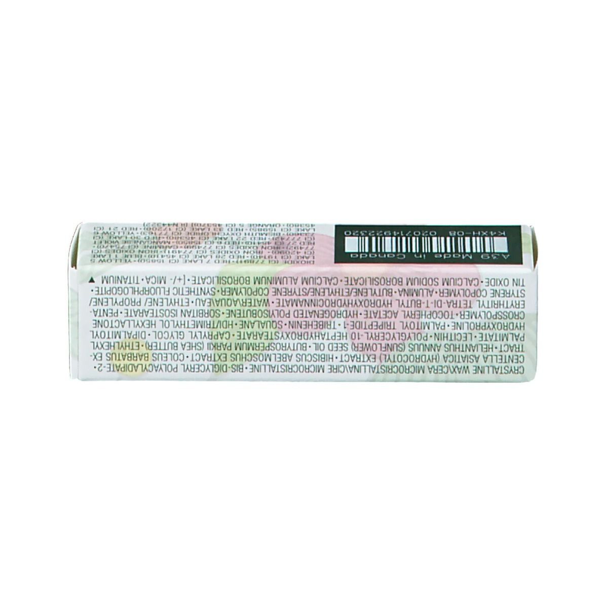 Rückseite der Verpackung von CLINIQUE Dramatically Different Lipstick. Inhaltsstoffe und Barcode.