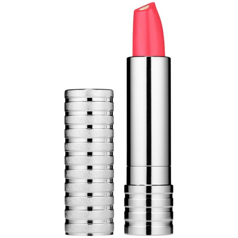 Lippenstift mit silberfarbener Hülse und pinkfarbener Spitze. Deckel daneben. Geöffnet.