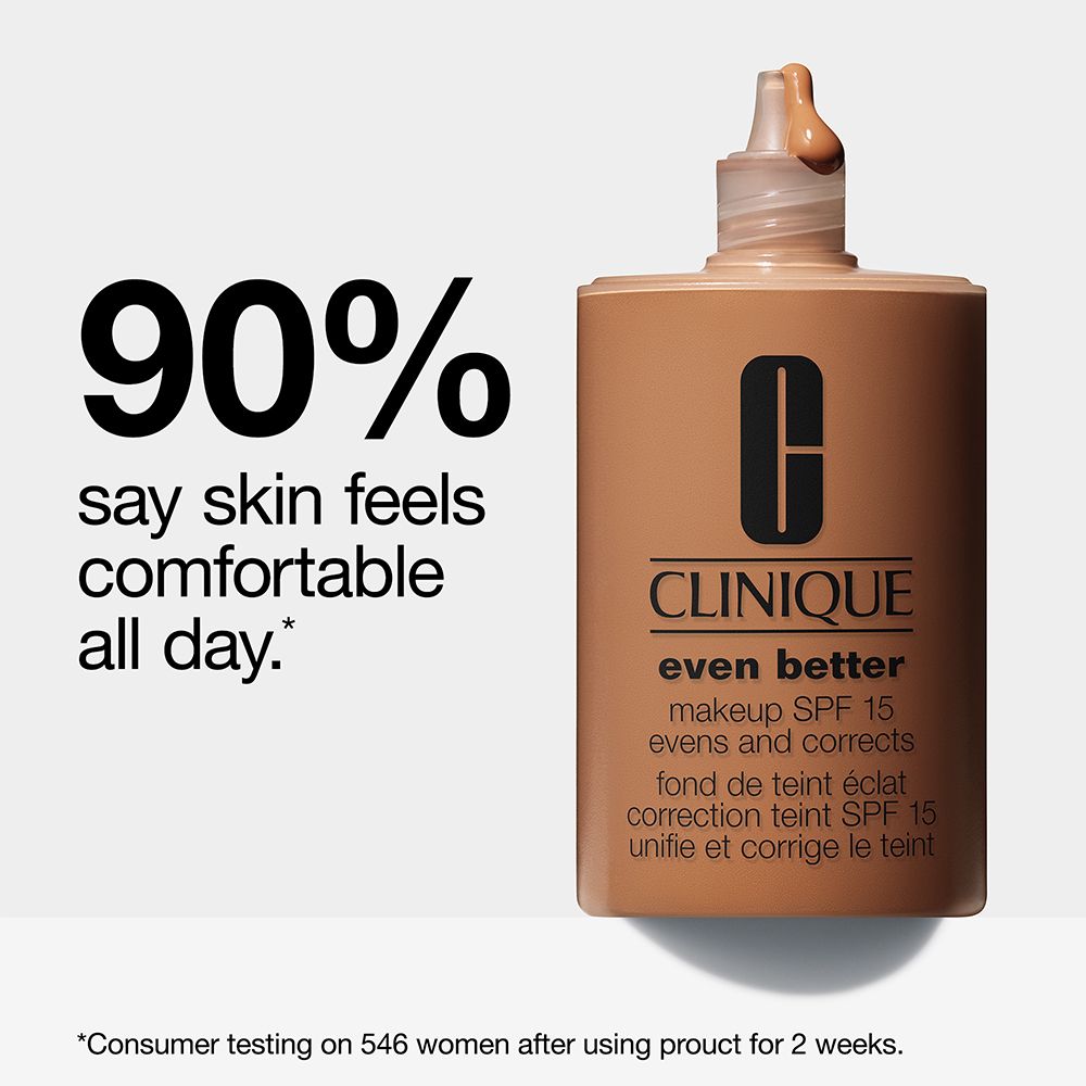 Flacon CLINIQUE Even Better™ Makeup SPF 15. Texte : 90% disent que la peau est confortable toute la journée. Informations produit.