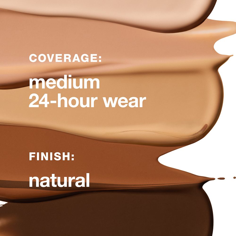 Teintes de maquillage. Couvrance : moyenne, tenue 24 heures. Fini : naturel. Différentes teintes.