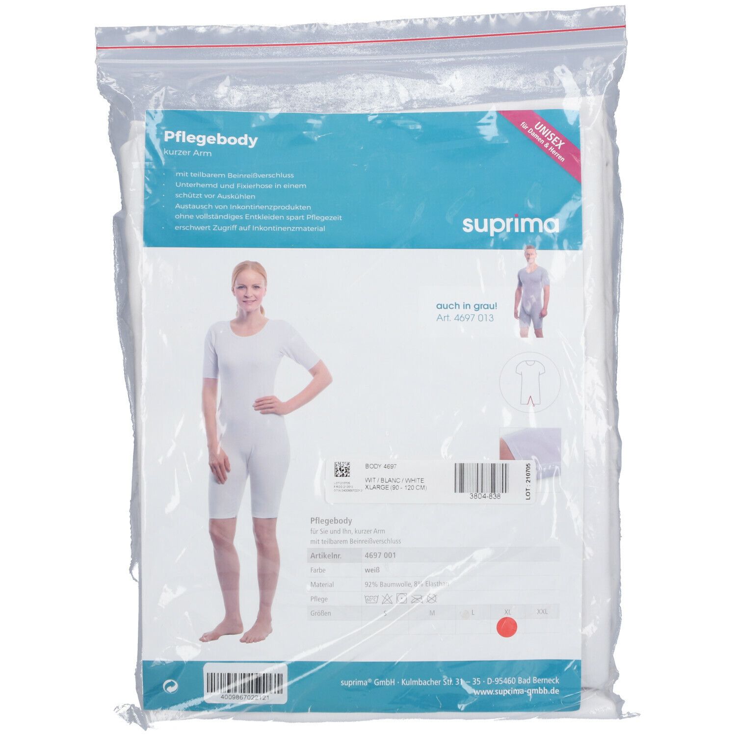 Body blanc à manches courtes et jambes courtes, emballé. Marque Suprima. Modèle unisexe.