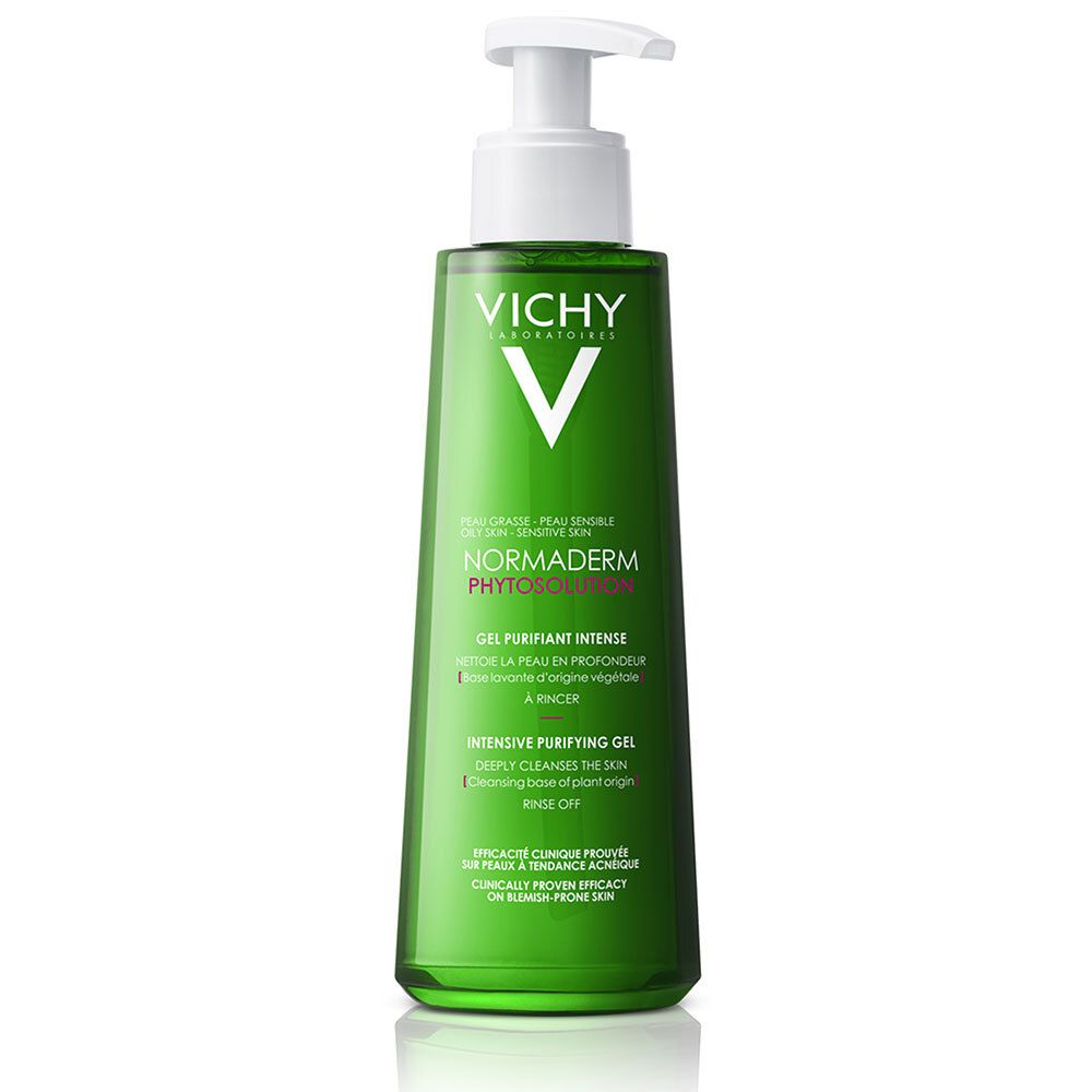 Grüne Flasche mit weißem Pumpkopf. Aufschrift: VICHY, Normaderm Phytosolution. Gel für fettige, sensible Haut.