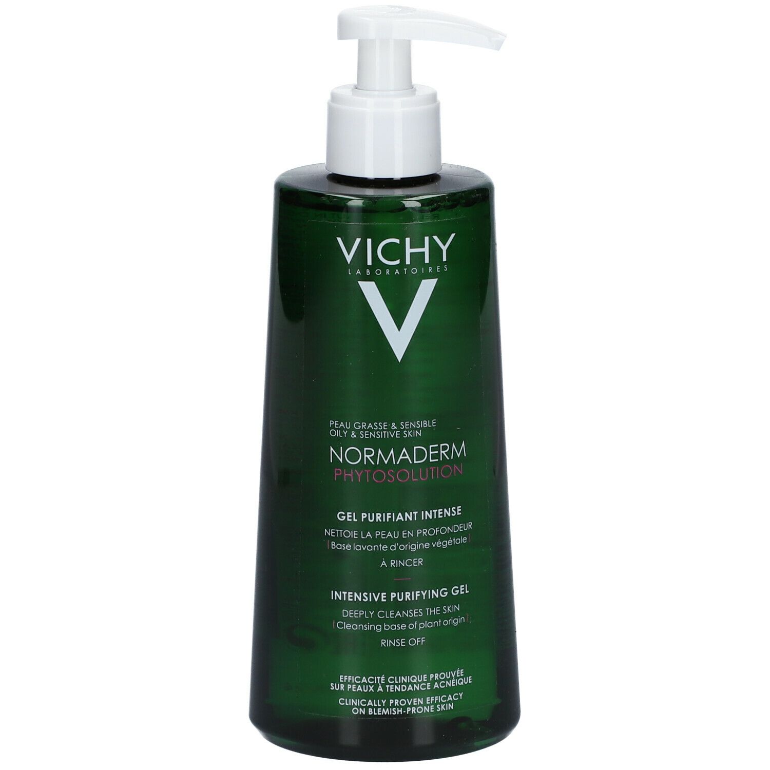 Grüne Flasche mit weißem Pumpkopf. Aufschrift: VICHY, Normaderm Phytosolution. Gel für fettige, sensible Haut.