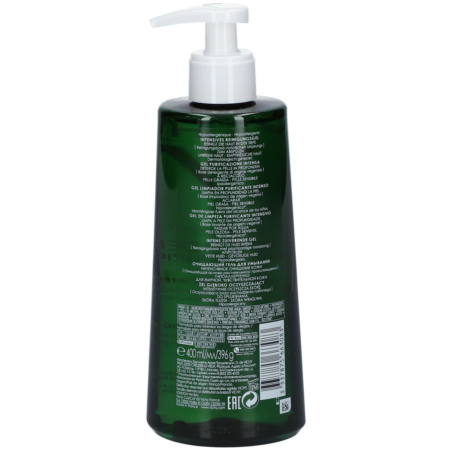 Rückseite der grünen Flasche mit weißem Pumpkopf. Produktinformationen und Inhaltsstoffe.