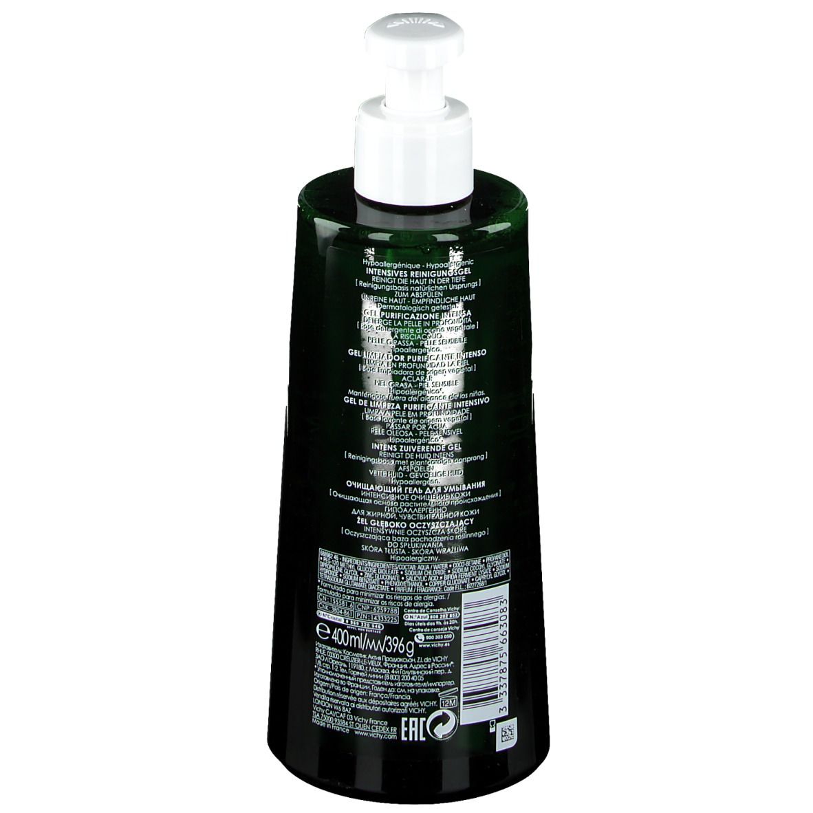 Rückseite der grünen Flasche mit weißem Pumpkopf. Produktinformationen und Inhaltsstoffe.