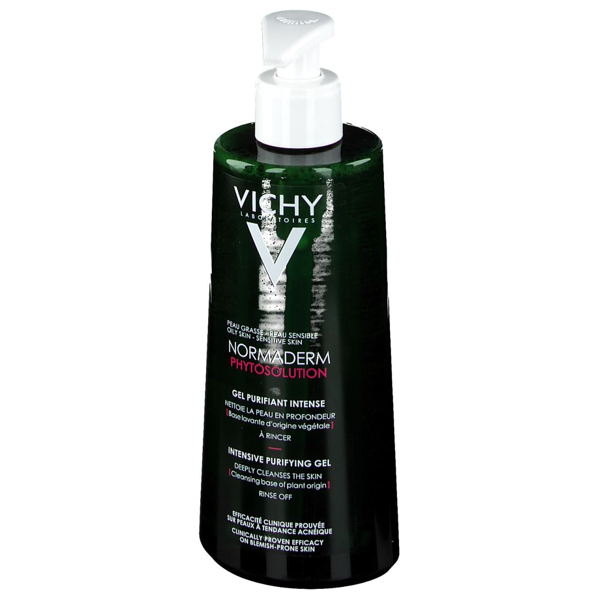 Grüne Flasche mit weißem Pumpkopf. Aufschrift: VICHY, Normaderm Phytosolution. Gel für fettige, sensible Haut.